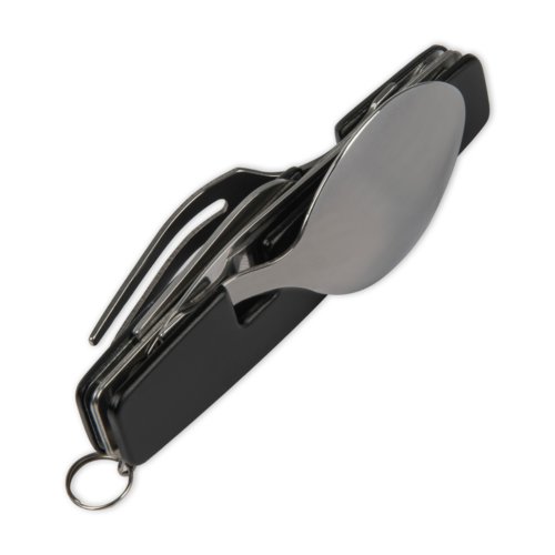 Couverts de camping noirs en métal avec couteau, fourchette et cuillère pliants.
