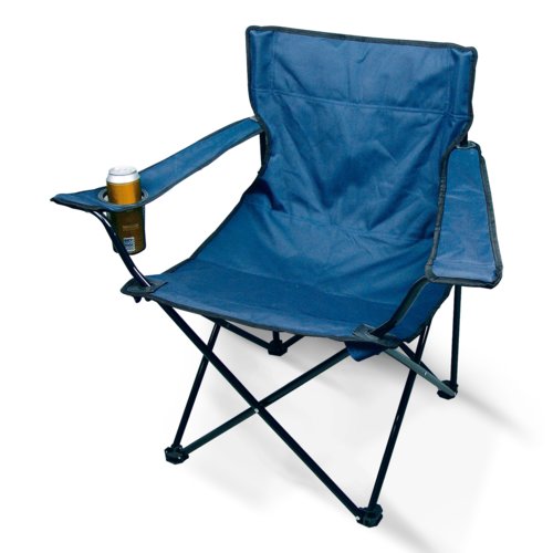 Chaise pliante bleue en tissu avec porte-gobelet.