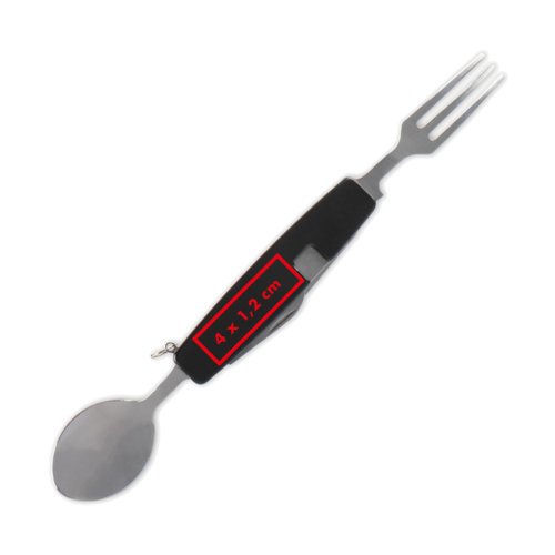 Couverts de camping en métal avec fourchette, couteau et cuillère.