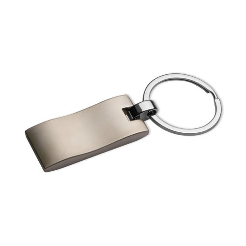 Porte-clés en métal gris avec motif et anneau en métal.