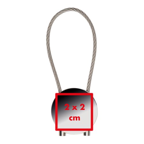 Porte-clés en métal avec pendentif rond et câble métallique.