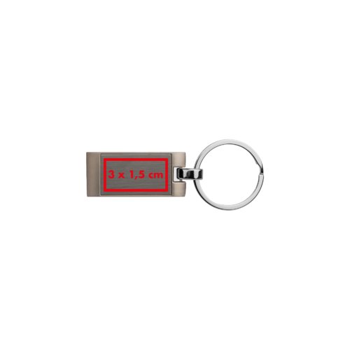 Porte-clés en métal de forme rectangulaire avec anneau.