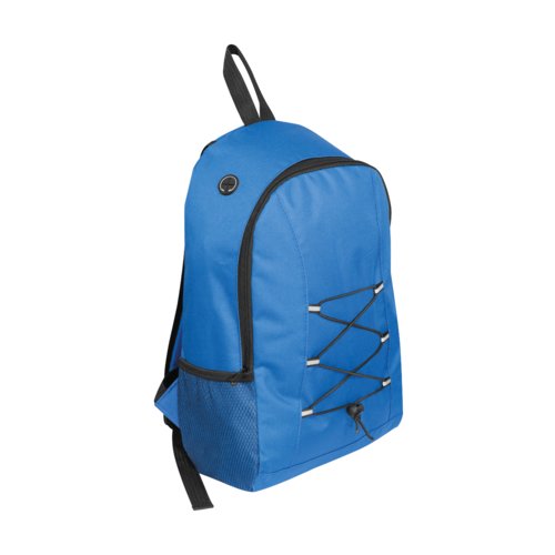 Sac  dos bleu avec bretelles rglables et cordons lastiques.