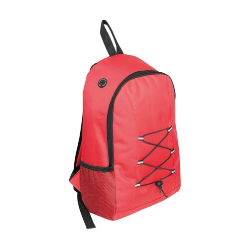 Sac � dos rouge en tissu avec poche lat�rale et cordon de serrage.