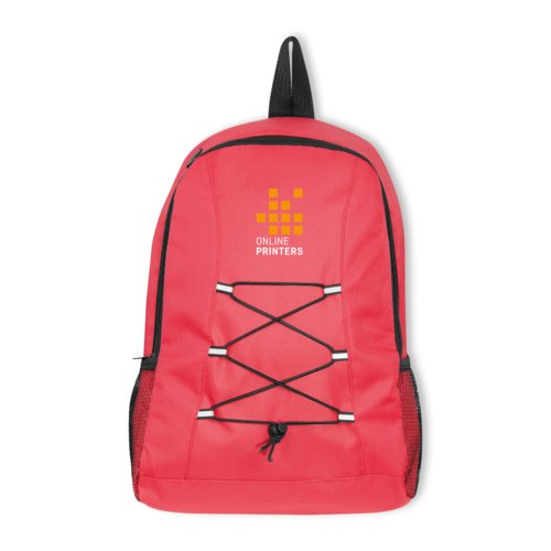 Sac  dos rouge avec fermeture  cordon et poche extrieure.