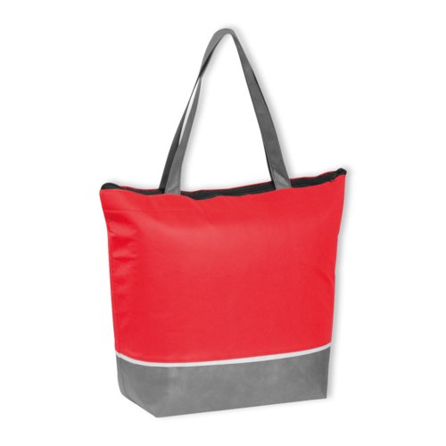 Sac isotherme rouge non tiss avec fermeture clair et poignes de transport.