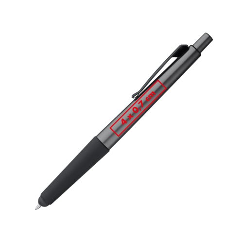 Stylo à bille gris avec fonction tactile et clip.