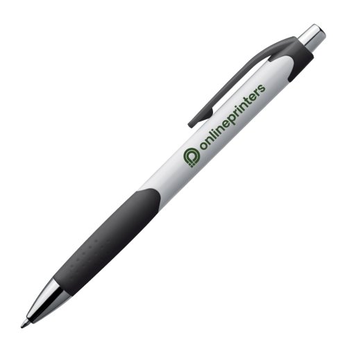 Stylo à bille en plastique noir avec clip et bouton poussoir.
