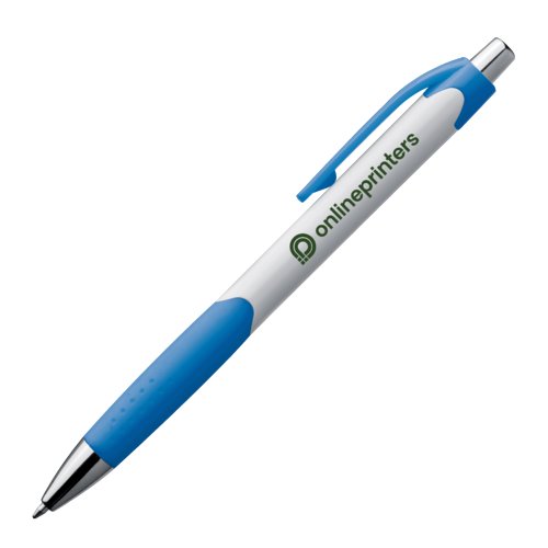 Stylo à bille en plastique bleu avec clip et bouton poussoir.