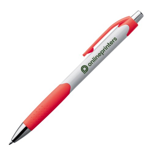 Stylo à bille rouge en plastique avec clip et bouton poussoir.