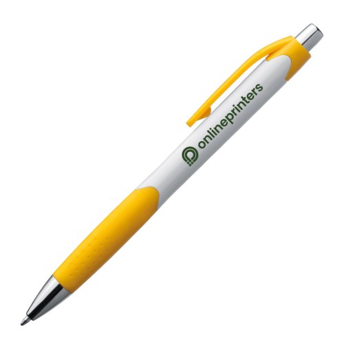 Stylo à bille jaune en plastique avec clip et bouton poussoir.