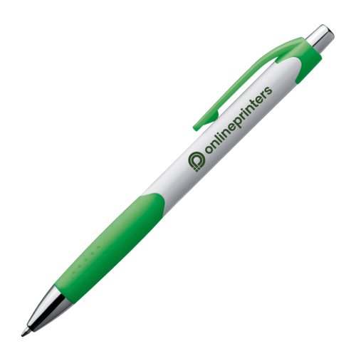 Stylo à bille en plastique vert avec clip et bouton poussoir.