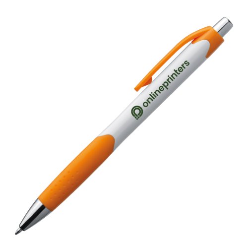 Stylo à bille en plastique orange avec clip et bouton poussoir.