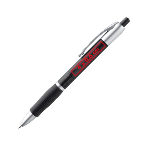 Stylo à bille en plastique noir avec clip et bouton poussoir.