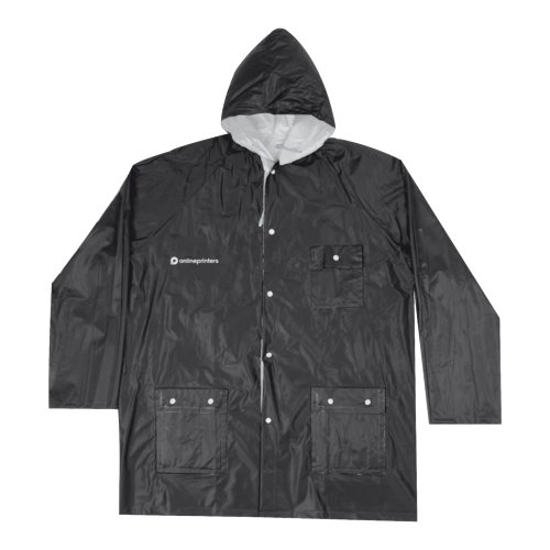 Veste de pluie noire avec capuche, poches et fermeture boutonne.