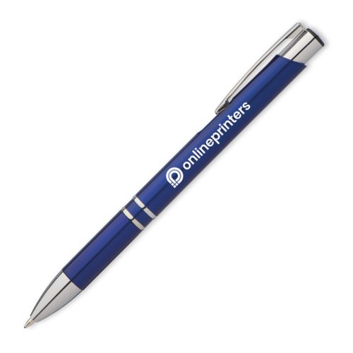Stylo  bille en mtal bleu avec clip et mcanisme  pression.