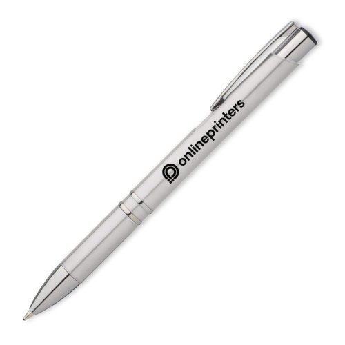 Stylo  bille en mtal gris  motifs avec clip et bouton poussoir.