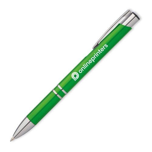 Stylo  bille en mtal vert avec clip et bouton poussoir.
