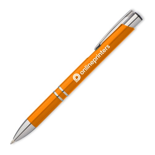 Stylo  bille en mtal orange avec clip et bouton poussoir.