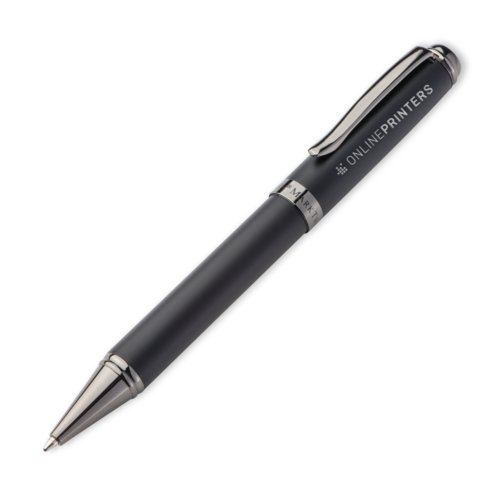 Stylo  bille en mtal noir avec motif, clip et mcanisme  poussoir.