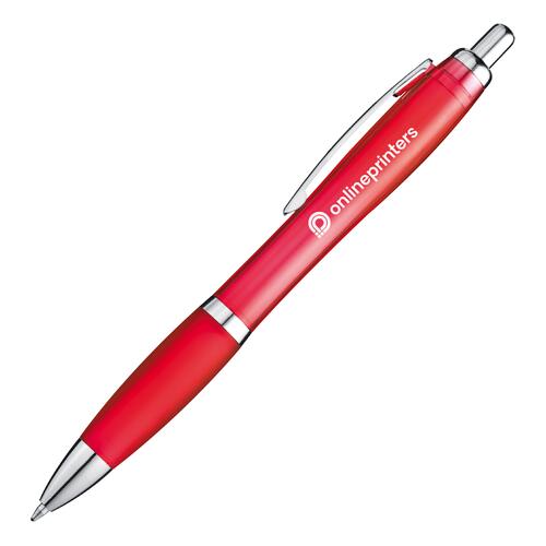 Stylo � bille rouge en plastique avec clip et bouton-poussoir.