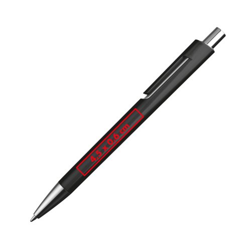 Stylo à bille noir avec clip et mécanisme à pression.