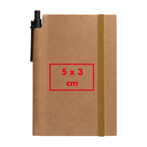 Carnet marron avec élastique et porte-stylo.