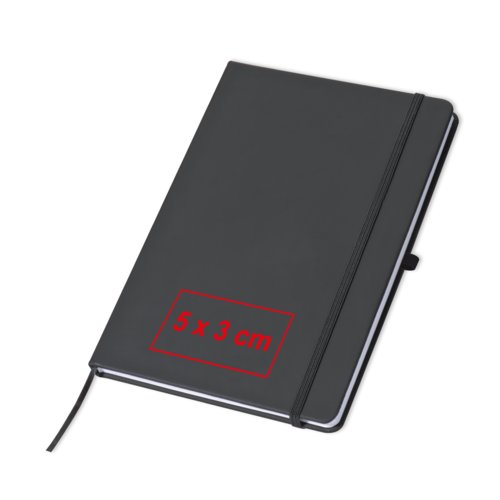 Carnet noir avec fermeture élastique et marque-page ruban.