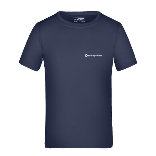 T-shirt bleu fonc� en polyester pour enfants avec manches courtes.