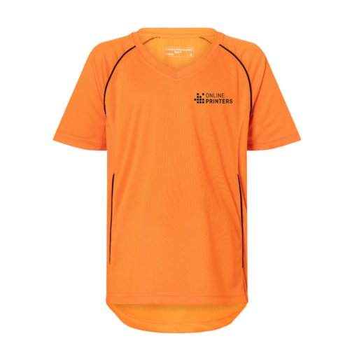 T-shirt orange pour enfant en polyester à manches courtes.