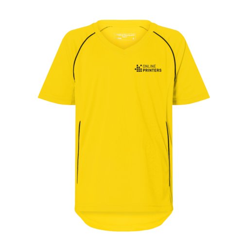 T-shirt d'équipe enfant jaune en polyester avec col en V et manches courtes.