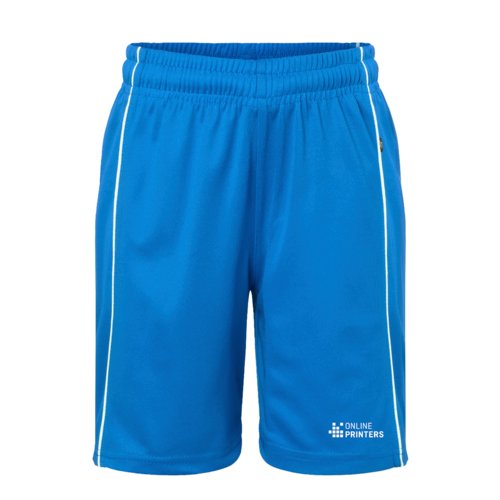 Shorts en polyester bleu roi avec taille élastique et bandes latérales blanches.