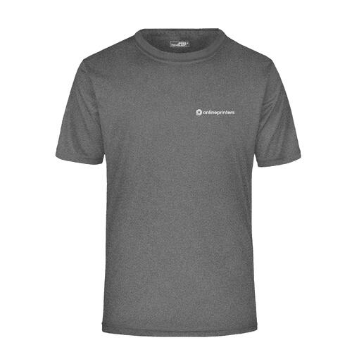 T-shirt en polyester chin� gris fonc� avec manches courtes.
