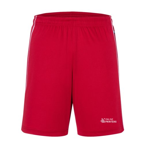 Short rouge en polyester avec ceinture lastique et bandes blanches.