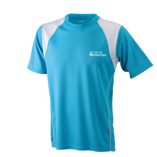 T-shirt de course en polyester bleu clair et blanc pour hommes avec manches courtes.