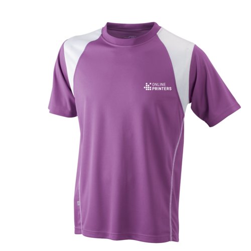 T-shirt de course violet et blanc en polyester pour hommes  manches courtes.