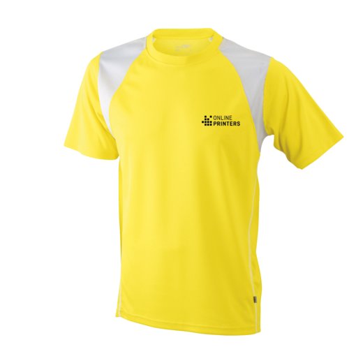 T-shirt de course jaune en polyester pour hommes avec manches courtes.