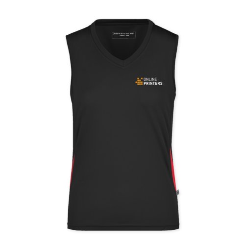Débardeur noir et rouge en polyester avec encolure en V pour femmes.