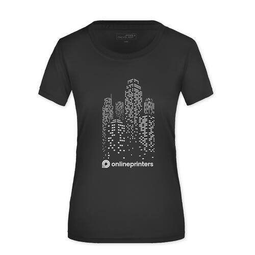 T-shirt noir en polyester pour femmes avec manches courtes.