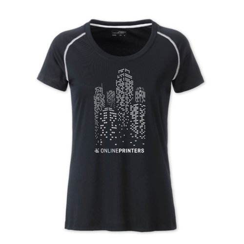 T-shirt de sport noir et blanc pour femme en polyester, respirant.