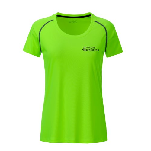 T-shirt de sport en polyester vert néon pour femmes, à manches courtes.