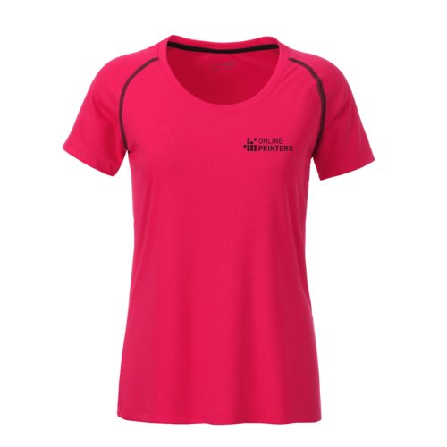 T-shirt de sport pour femme rose néon/gris en polyester à manches courtes.