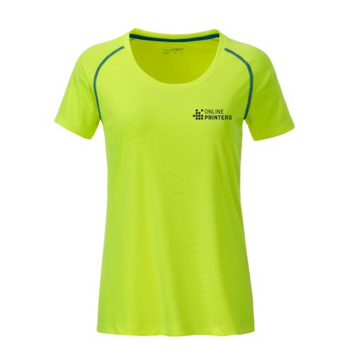 T-shirt de sport pour femmes en polyester jaune néon/bleu avec manches courtes.