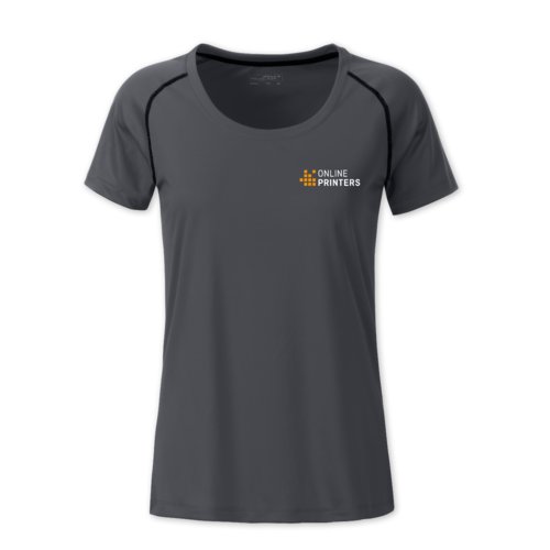 T-shirt de sport en polyester gris foncé pour femmes avec manches courtes.
