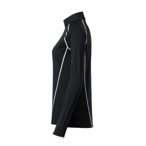 T-shirt noir � manches longues pour femme en polyester avec une coupe sport.