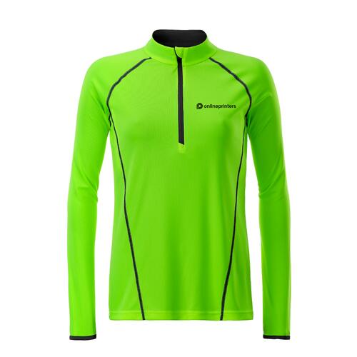 T-shirt � manches longues en polyester vert n�on avec fermeture �clair pour femmes.