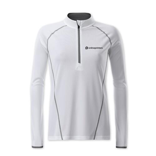 T-shirt blanc � manches longues en polyester avec fermeture �clair pour femmes.