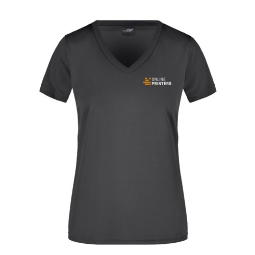 T-shirt noir à col en V pour femmes en polyester.