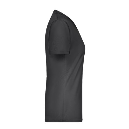 T-shirt noir en polyester à col en V pour femme avec manches courtes.