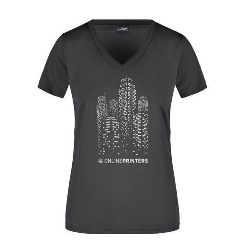 T-shirt noir à col en V pour femmes en polyester.